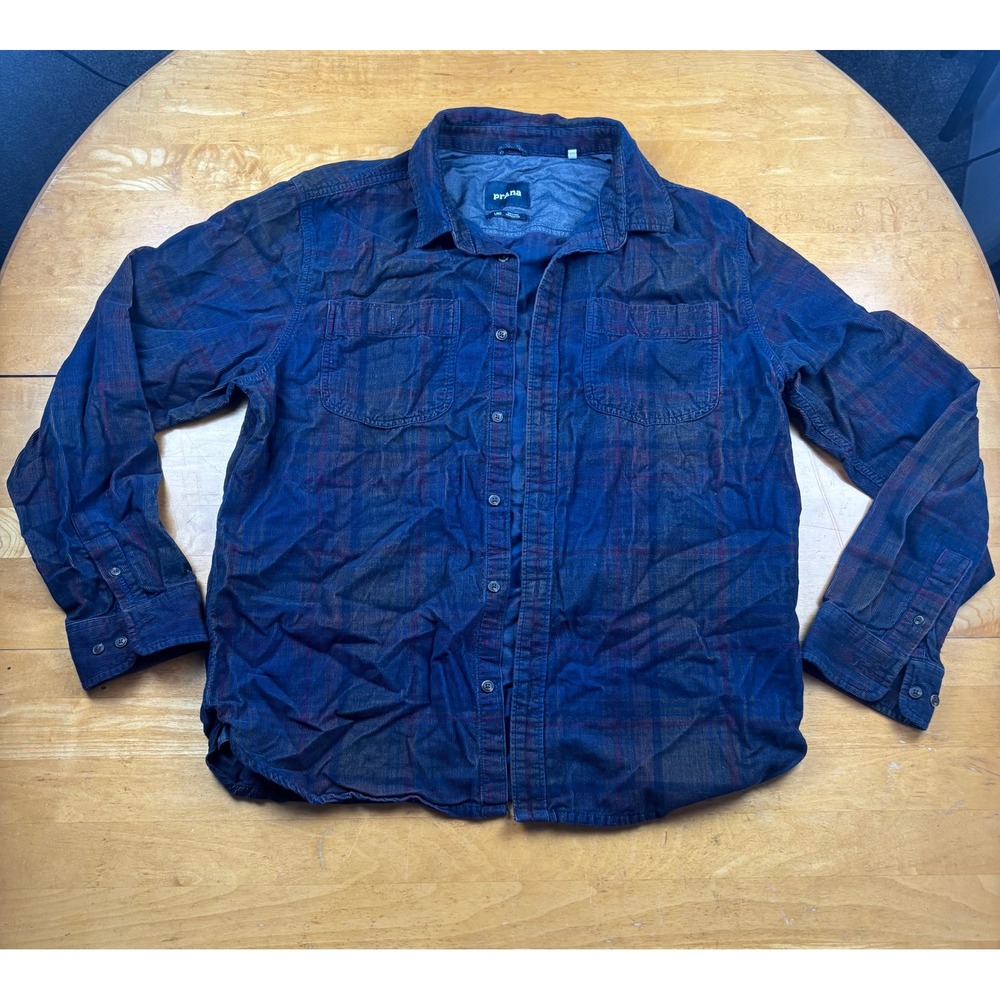 Prana Mens Organic Cotton Corduroy Plaid Button Down Shirt Blue Burgundy Large